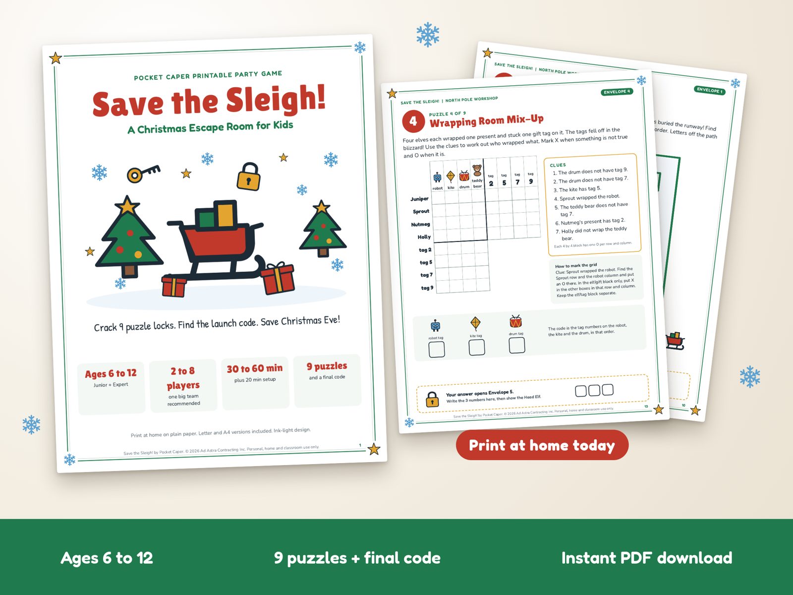 Save the Sleigh! cover, puzzle sheets and envelope labels