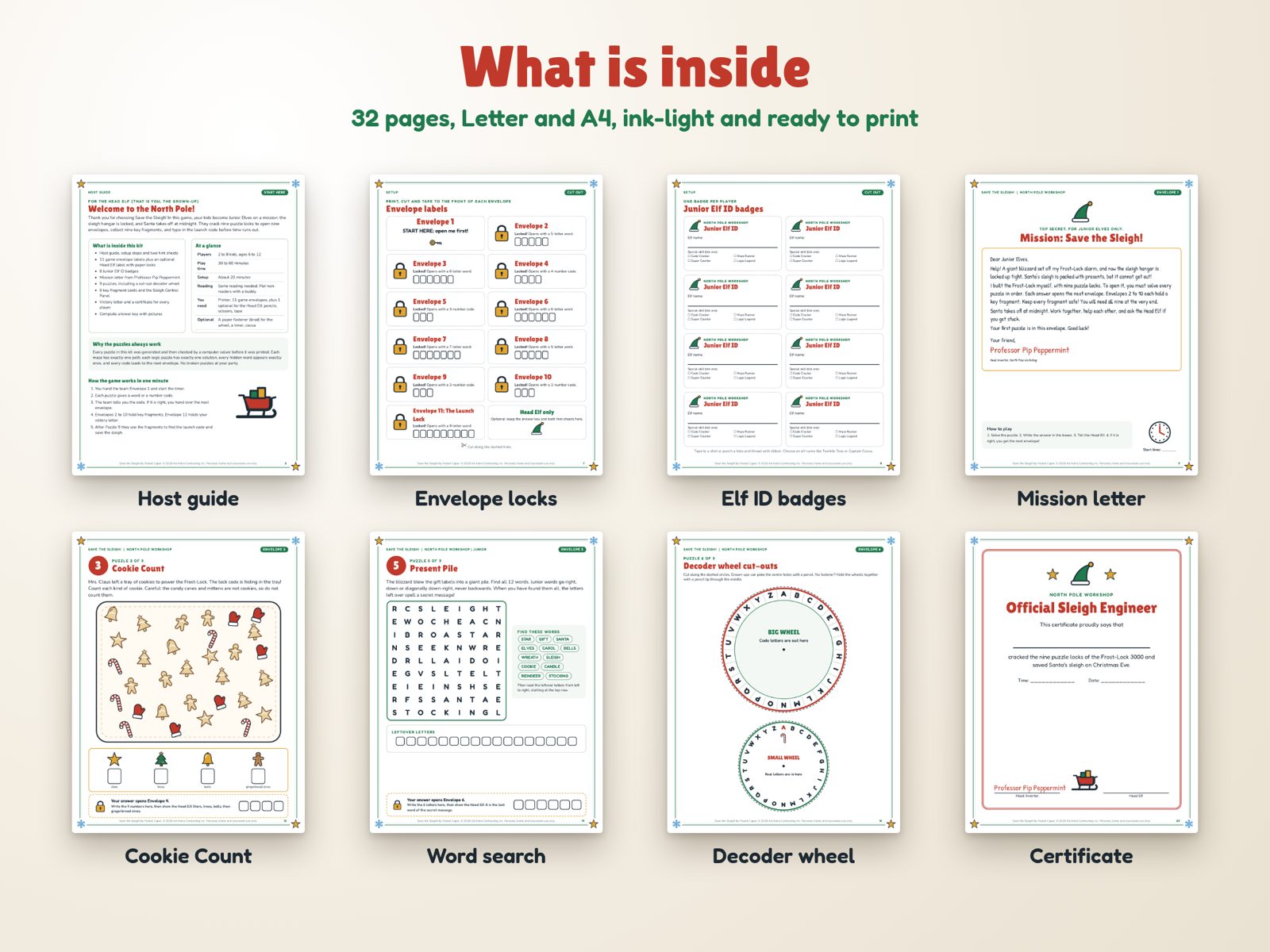 Overview of the printable materials included in Save the Sleigh!