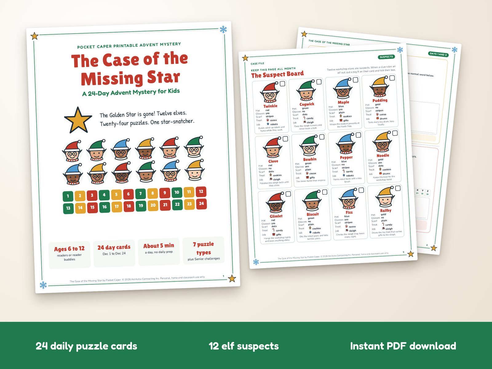The Case of the Missing Star printable: cover, suspect board and day cards