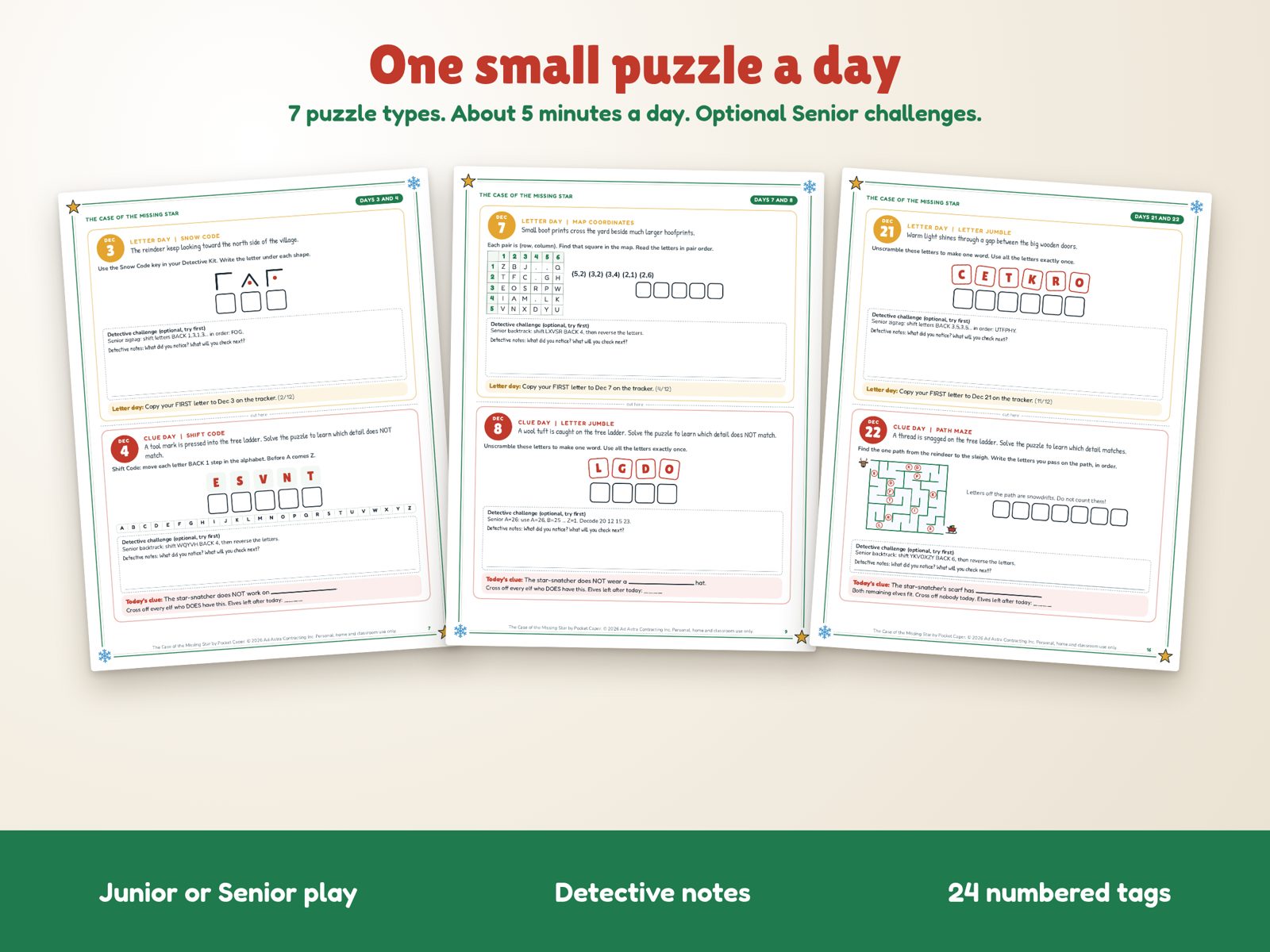 Day cards with 7 puzzle types, optional Senior challenges and detective notes