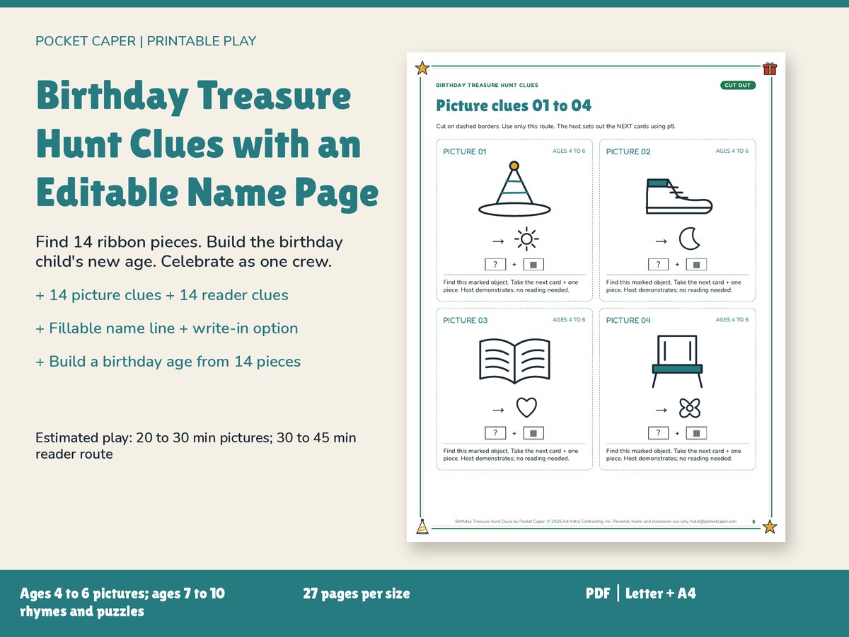 Birthday Treasure Hunt Clues with an Editable Name Page: real printable pages
