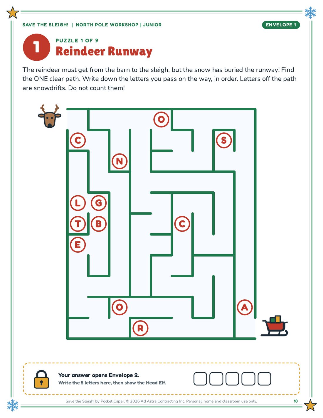 Reindeer Runway Junior maze: trace the route from the reindeer to the sleigh and collect five letters