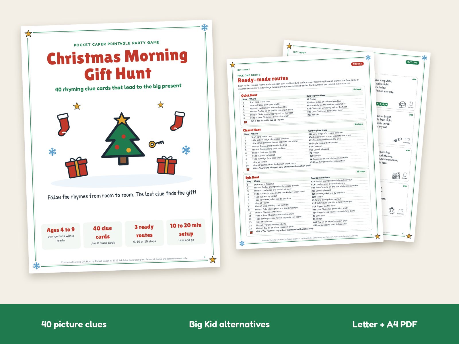 Christmas Morning Gift Hunt printable: cover, route tables and clue cards