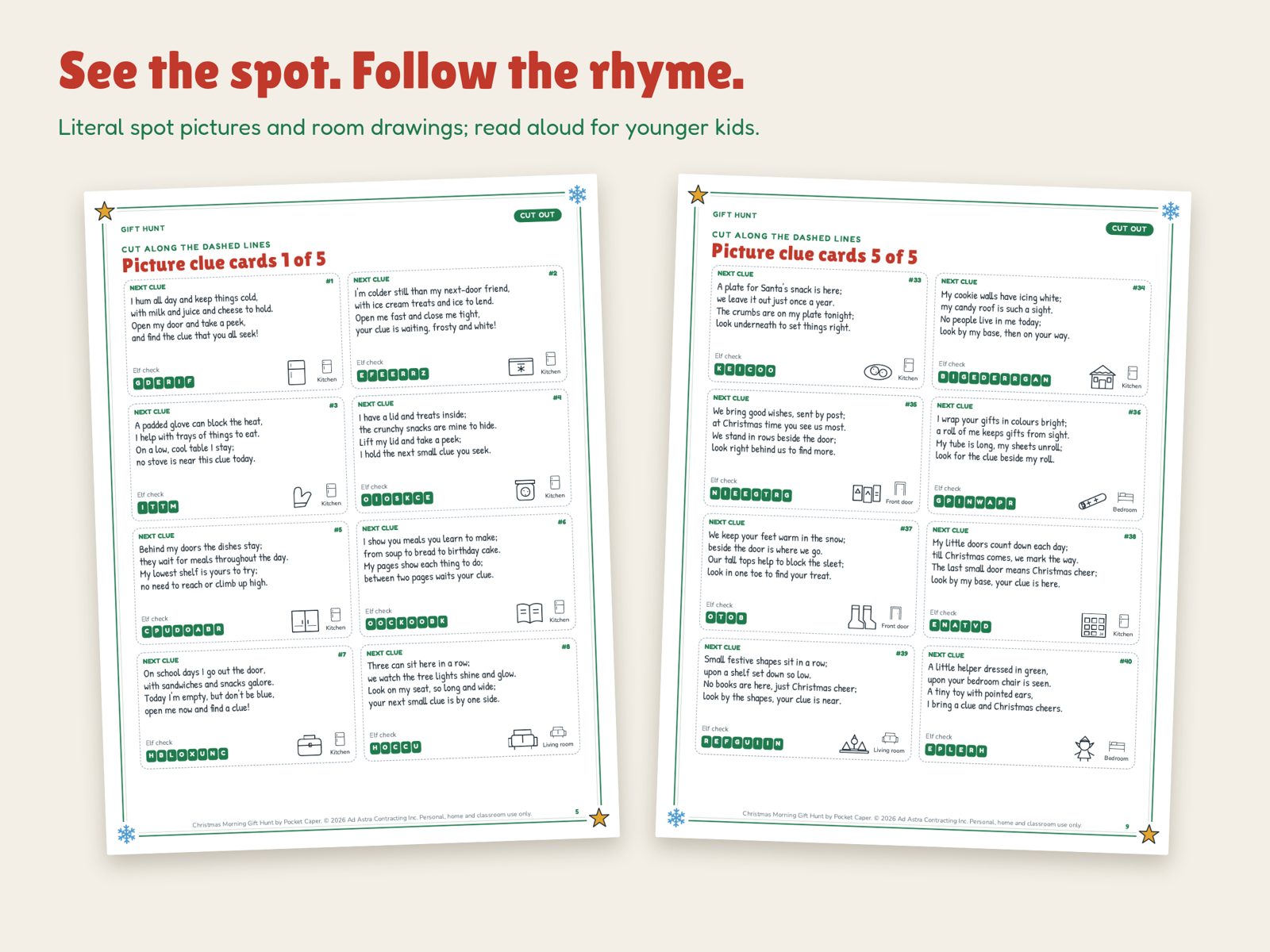 Two pages of rhyming clue cards