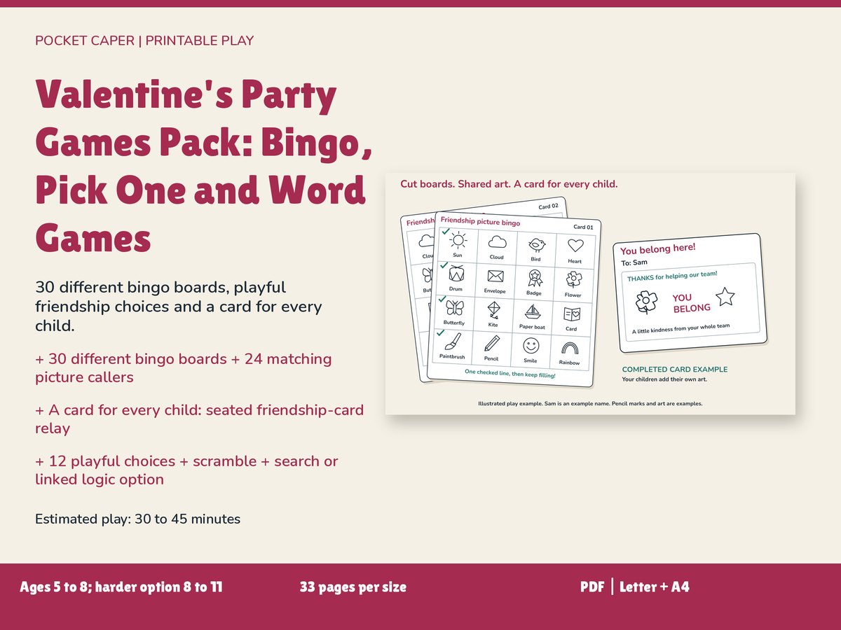 Valentine's Party Games Pack: Bingo, Pick One and Word Games: real printable pages